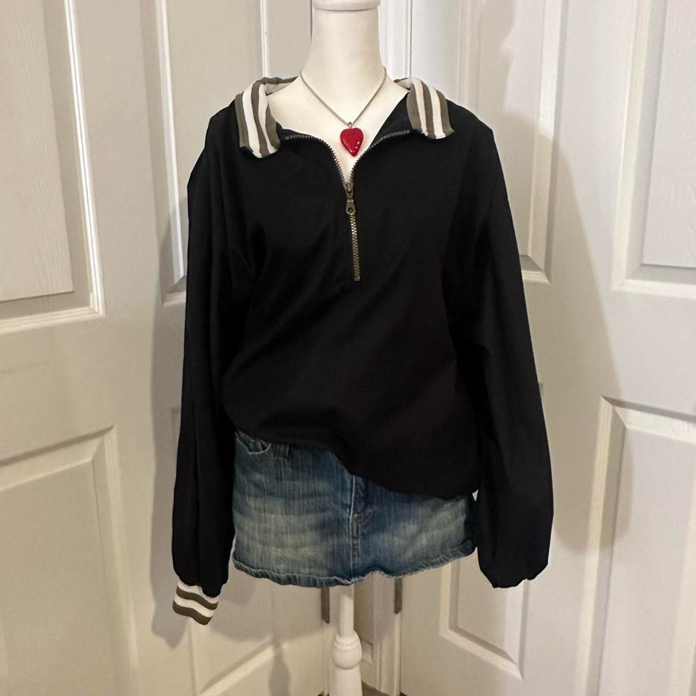 Black Quarter-Zip Pullover with Striped Collar